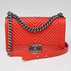 Chanel Orange Chevron Quilted Lambskin Leather Medium Boy Bag